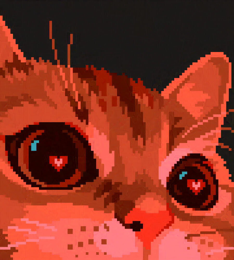 Art by TofuPixel. Pixel art in a realistic style of a cat with little hearts reflected in its eyes. It's drawn in shades of red, and is very close up so that only the eyes and part of the nose and ears are showing.